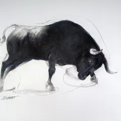 The 'Bull Series' is a recurring theme that many of my collectors follow. This particular piece by Sunil Sarkar captures the animal's raw power and grace with incredible economy of line, showcasing how a simple drawing can convey immense energy.
