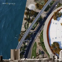 An aerial collage showing the master plan for the Detroit waterfront. My design focuses on creating a vibrant public realm that connects the city to the river with pedestrian pathways and green spaces.