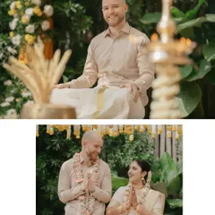Myles, the Canadian groom, participates in the serene Malayali rituals at the Temple Tree Resort. Below, the couple shares a moment of respect and joy, their hands joined in a traditional namaste.