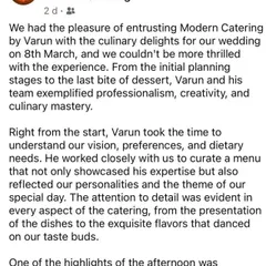 A wonderful, in-depth testimonial from a recent wedding. The client notes our professionalism, creativity, and how we worked closely with them to curate a menu that reflected their personalities and theme.