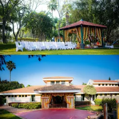 A stunning outdoor wedding venue, showcasing both the ceremony space and the grand entrance of the building.