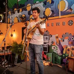 On stage at Brewbot for a public jam session. The vibrant backdrop and engaged crowd make pub gigs some of the most fun performances.