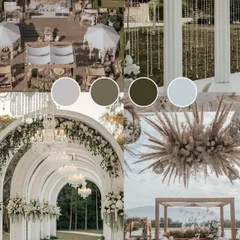 A chic and modern mood board with a neutral color palette of white, grey, and beige, featuring pampas grass and crystal chandeliers.