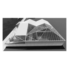 An aerial view of the "House with Three Gables" model, highlighting the geometric complexity of the roof structure. This feature was designed to bring light into the core of the house.