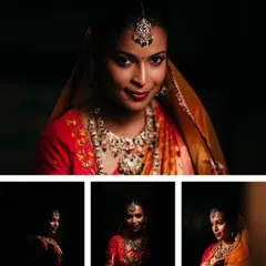 A collage of a bride's portraits in dramatic low-light, highlighting her features and wedding attire.