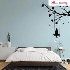 A simple yet beautiful wall stencil of a girl on a swing under a tree. This delicate design adds a touch of whimsy and serenity to this bedroom.