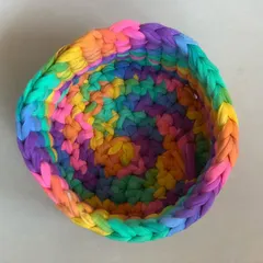 A top-down view of the rainbow basket, showing the vibrant swirl of colors on the inside.