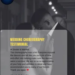 Nothing makes me happier than hearing from a happy couple. This testimonial from Akash and Prachi highlights the detailed effort my team and I put into making every wedding choreography a huge success.
