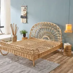We prove that rattan can be both strong and elegant with our handcrafted bed frames. This piece features an intricate, sunburst-style headboard, offering a lightweight, breathable, and sustainable alternative to traditional beds, perfect for creating a serene, nature-inspired bedroom.