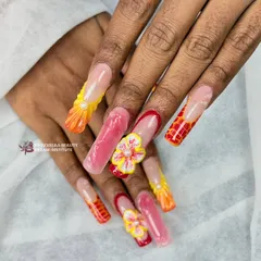 A vibrant and playful set featuring multiple 3D techniques. I combined textured patterns, sculpted flowers with pearl centers, and glossy gel finishes in a warm color palette of orange, pink, and yellow.