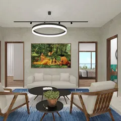 A render of a contemporary family room where textures and natural finishes take center stage. The design combines clean lines, warm wood veneers, and tactile fabrics to create a comfortable and sophisticated space for family gatherings.