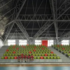 The tiered seating inside the 'Figured Ground' sports arena, with vibrant green and orange seats creating a lively pattern against the concrete steps. The exposed steel truss roof structure spans the entire hall, allowing for an unobstructed view of the court.
