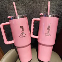 Our personalised glam tumblers in a stunning shimmery pink. These large-capacity tumblers come with a handle and straw, making them your ultimate sip companion.