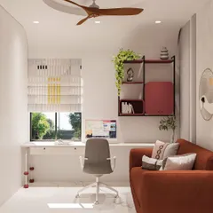 The home office features a floating desk to maximize floor space and a modern shelving unit for storage.