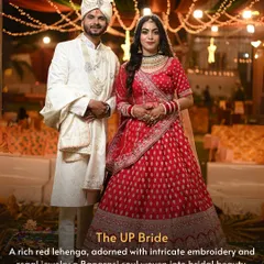 Here is our vision of the UP Bride. She wears a rich red lehenga with intricate embroidery, paired with regal jewelry, capturing the timeless beauty of Banarasi bridal traditions.