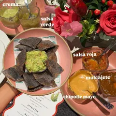 A spread of house-made salsas and cremas for our Mexican pop-up, including salsa roja, salsa verde, and a smoky chipotle mayo, served with blue corn tortilla chips.