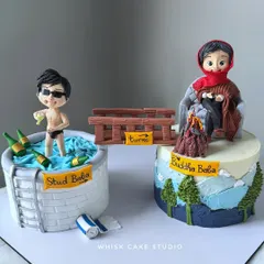 A fun concept cake showing two stages of a man's life. This "Stud Baba" cake was a humorous 40th birthday gift, featuring two personalized figurines that tell a story.