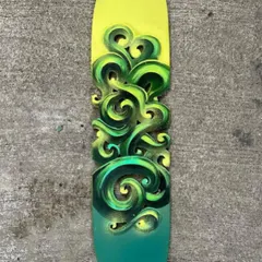 This is what I call 'DKRYPT DA BOARD'. I take old skate decks and give them a new life with my Masala Style, carving and painting 3D Hindi letters. Each one is a unique, hand-made piece of art.