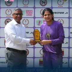 Our goalkeeper, Shreya Sharma, receiving her well-deserved 'Player of the Match' award after a stellar performance where she kept a clean sheet.