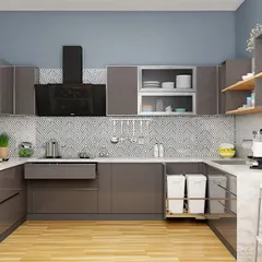 This U-shaped kitchen design includes a pull-out unit with integrated bins for waste and recycling. This keeps unsightly bins hidden away while making them convenient to access.