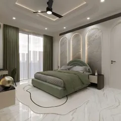 A bedroom should be a cozy sanctuary. For this space, I used a soft, pastel color palette, arched wall panels with subtle backlighting, and a unique area rug to create a room that feels both dreamy and deeply personal.