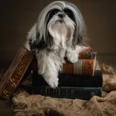 A scholarly look for a wise little soul. This fluffy Shih Tzu rests his paws on a stack of old books, creating a charming and intellectual-themed pet portrait with a warm, rustic feel.