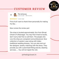 "You will not regret the visit." A great review from a client who appreciated our professional service, collection of both western and Indian wear, and custom fitting services.