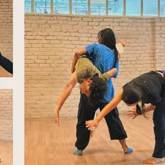 A dynamic lift during an improv session, showcasing the trust and spontaneity we encourage in our creative explorations.