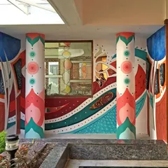 Our work goes beyond traditional themes. Here is a contemporary art installation we designed for a building's entrance, combining bold 2D patterns with protruding 3D sculpted elements to create a dynamic and modern look that completely transforms the space.