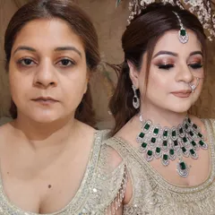 This before-and-after shows a beautiful party makeup look for a client attending her brother's wedding. I gave her a soft glam look with a shimmery eye and flawless skin that looks elegant and polished.