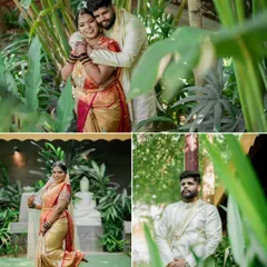 A collage of individual and couple portraits from a wedding, captured amidst lush greenery, showcasing their beautiful traditional attire.