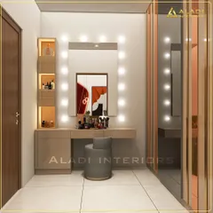 A chic dressing table with classic vanity lights around the mirror. The design includes a comfortable stool and backlit open shelving for displaying perfumes and cosmetics.