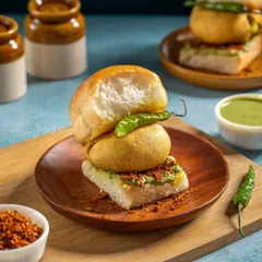 A Mumbai-style Vada Pav, with a spiced potato fritter tucked inside a soft bun, layered with dry garlic chutney and green chutney.
