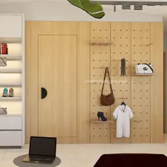 Our concept for a flexible storage solution. This perforated pine wood wall with adjustable pegs and shelves allows the user to create their own display, blending storage and personal expression seamlessly.