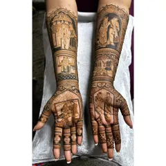 This themed bridal mehendi captures several important family and ceremony moments. Each panel on the arms tells a different part of the story, creating a rich tapestry of memories.