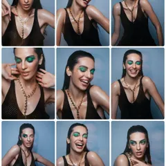 A contact sheet showing various expressions with a bold, glittery green eyeshadow look. This demonstrates how the makeup works for both serious and joyful shots.