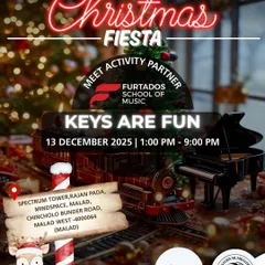 We are excited to be the activity partner for a magical Christmas Fiesta. This poster invites families to join us for our "Keys Are Fun" program amidst festive fun, games, and live music.