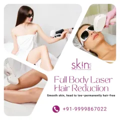 Our full-body laser hair reduction service offers a head-to-toe solution for smooth skin. This graphic shows the treatment being applied to the face, legs, and body, providing a permanent alternative to shaving and waxing.