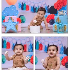A three-photo sequence capturing the evolving reactions during a cake smash. You can see the progression from curiosity to surprise to pure happiness.