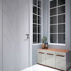 A closer look at the entryway, highlighting the custom door with its elegant carved pattern that adds a touch of artistry.
