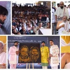 More moments from the Mahudi Tirth festival. This collage shows me presenting a glitter portrait of two revered gurus to the esteemed audience.