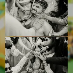 A black and white diptych showing the bride and groom being playfully covered in Haldi by their friends and family. This style emphasizes the emotion and action of the moment.