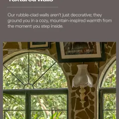 The rubble-clad walls at Echoes are more than just decoration. They are a key element of our material story, grounding you in a cozy, mountain-inspired warmth from the moment you step inside and adding a rich, tactile quality to the space.