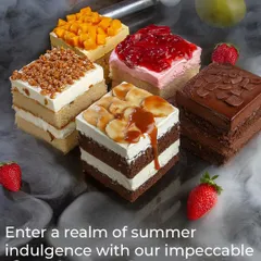 Enter a realm of summer indulgence with my full range of ice cream cakes. This shot features a variety of flavours including mango, strawberry, banoffee, crunchy almond, and rich chocolate.