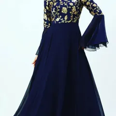A full-length shot of the navy blue embroidered gown. This view showcases the beautiful flare of the georgette skirt and the elegant silhouette created by the bell sleeves.