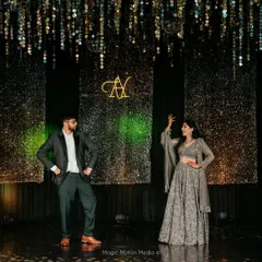A stylish pose from the couple's sangeet performance. We work with you to find the perfect blend of dance and drama for your big night.