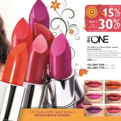 A product and offer feature for 'The ONE' 5-in-1 Colour Stylist Lipstick collection. This shot combines a close-up of the lipstick textures with offer details for a Raksha Bandhan promotion.