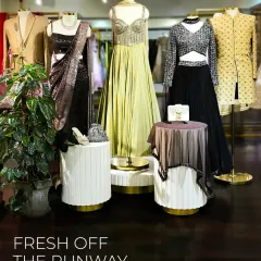 Fresh off the runway and into my store. This display captures the essence of festive dressing, featuring sarees, lehengas, and sherwanis for every kind of celebration. My goal is to provide a one-stop destination for all your occasion wear needs.