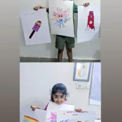 A collage of creativity from our youngest artists. They are proudly displaying their colorful drawings of ice cream, abstract blow-pen art, and patriotic themes for Independence Day.
