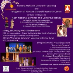 A detailed poster for the 48th National Seminar and Cultural Festival, cordially inviting all to the various sessions, including talks, prayers, and the "Arunachala Gamana" theatre production.